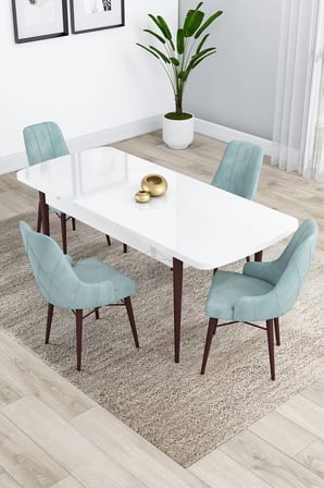 Kar Serisi Açılabilir Mdf 80x132 Ceviz Ayaklı Beyaz Mutfak Masası Takımı 4 Su Yeşili Sandalye