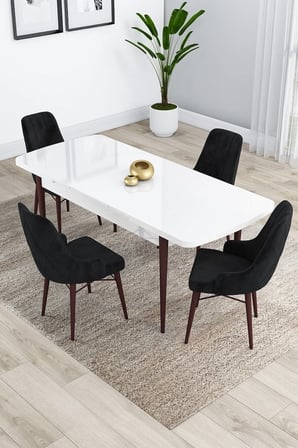 Kar Serisi Beyaz Masa Ceviz Ayaklı Açılabilir Mdf 80x132 Mutfak Masası Takımı 4 Siyah Sandalye