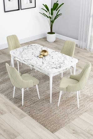 Kar Serisi Beyaz Mermer Desenli Açılabilir Mdf 80x132 Mutfak Masası Takımı 4 Krem Sandalye