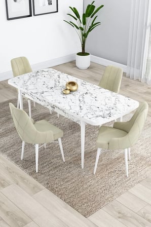 Kar Serisi Beyaz Mermer Desenli Açılabilir Mdf 80x132 Mutfak Masası Takımı 4 Krem Sandalye
