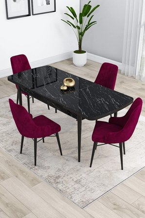 Kar Serisi Siyah Mermer Desen Açılabilir Mdf 80x132 Mutfak Masa Takımı 4 Mürdüm Sandalye