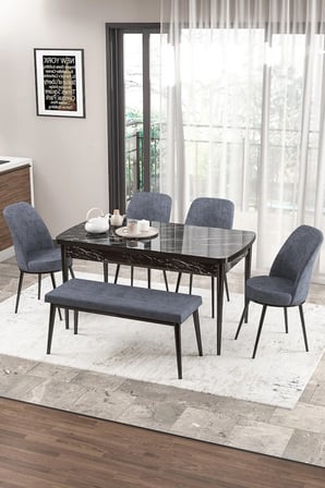 Zen Serisi 80x132 Mdf Açılabilir Siyah Mermer Desen Masa Takımı 4 Füme Sandalye Ve 1 Bench