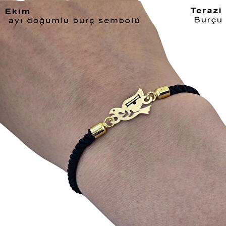 Zarif ve Sonbahar Esintili Kuş Motifli Siyah Örgülü ve 14 Ayar Altın Plakalı Ekim Bilekliği