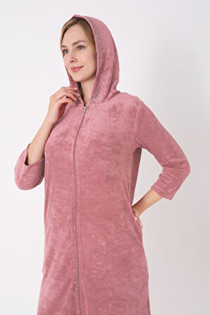 Kapüşonlu Fermuarlı Cepli Taşlı Truvakar Kollu Pamuklu Havlu Elbise