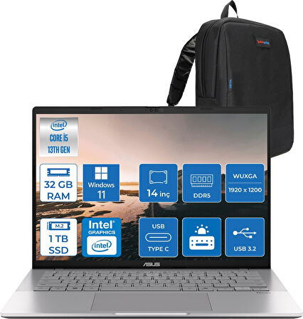 Asus Vivobook WS3407VA S14 Intel Core I5 13420H-32GB Ddr5-1tb Ssd-14" Wuxga IPS 300NITS WIN11PRO Taşınabilir Bilgisayar ZLY045H18+ZETTAÇANTA