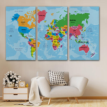 Harita Sepeti Türkçe Dünya Haritası Ülke Başkentli ve Okyanuslu Dekoratif Kanvas Tablo 2200