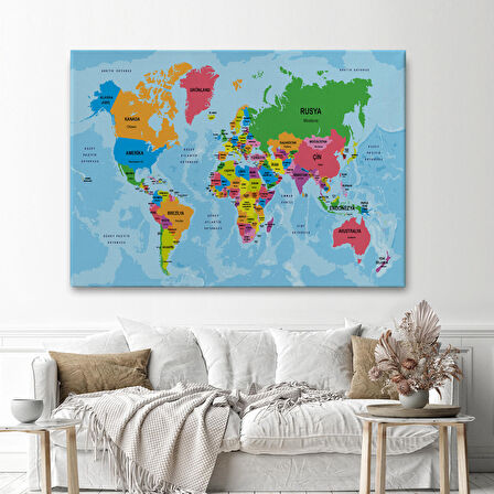 Harita Sepeti Türkçe Dünya Haritası Ülke Başkentli ve Okyanuslu Dekoratif Kanvas Tablo 2200