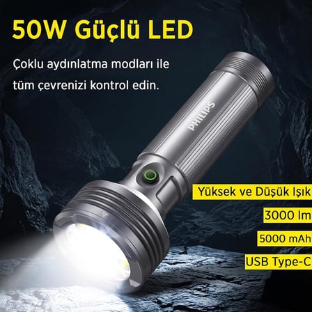 Philips SFL6253/93 3000 Lümen 50W LED El Feneri Metal Gövdeli 9 Modlu Çıkarılabilir Pilli Şarj Edilebilir Çift Açılı Flashlight Siyah