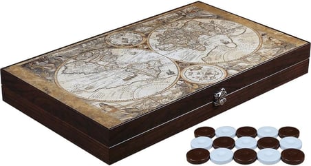 Antik Dünya Haritası Deri Tavla - 49cm x 30cm x 6.2cm, 8 Yaş ve Üzeri, Soyut Strateji, 1 Oyuncu