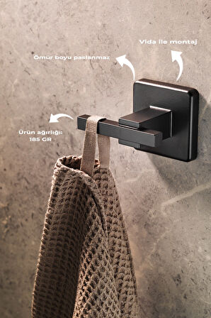 Ömür Boyu Paslanmaz Tek Kancalı Havlu Ve Bornoz Askılığı Siyah D-011  KASA - 35