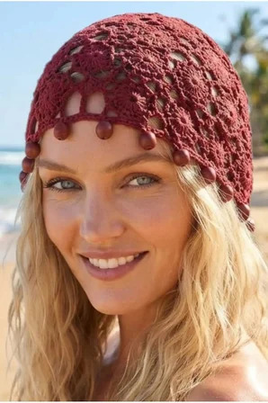 Tezzgelsin Kadın Doğal Ahşap Boncuklu Örgü Bere File Dokulu Bohem Plaj ve Yazlık Bandana Şapka