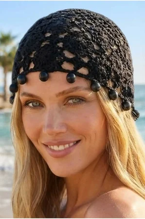 Tezzgelsin Kadın Doğal Ahşap Boncuklu Örgü Bere File Dokulu Bohem Plaj ve Yazlık Bandana Şapka