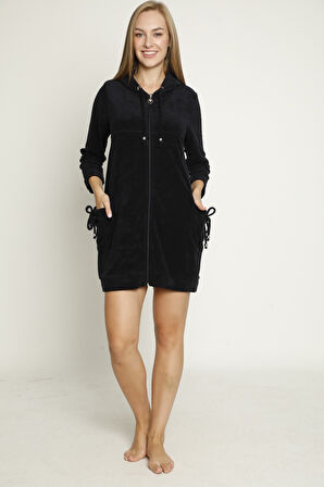 Kapüşonlu Uzun Kollu Cepli Fermuarlı Pamuklu Kadife Elbise