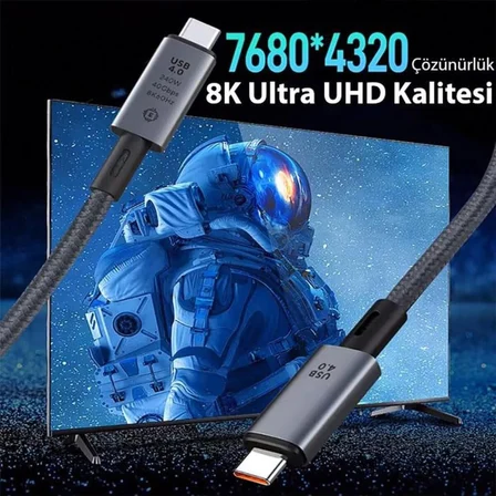 40Gbps 240W 4.0 Thunderbolt Type-C to Type-C Şarj, Data ve 8K 60Hz Görüntü Aktarım Kablosu Tip C 2 Metre CZ855