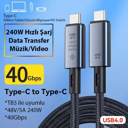 40Gbps 240W 4.0 Thunderbolt Type-C to Type-C Şarj, Data ve 8K 60Hz Görüntü Aktarım Kablosu Tip C 2 Metre CZ855