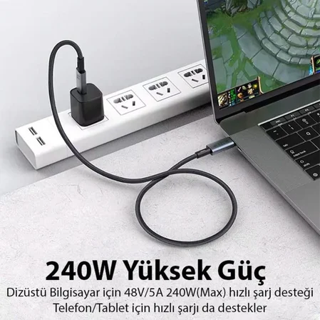 40Gbps 240W 4.0 Thunderbolt Type-C to Type-C Şarj, Data ve 8K 60Hz Görüntü Aktarım Kablosu Tip C 2 Metre CZ855