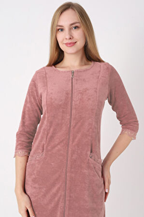 fermuarlı dantel detaylı pamuklu havlu elbise