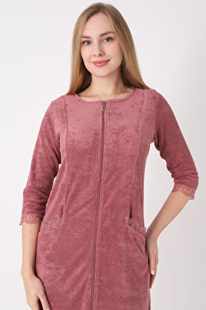 fermuarlı dantel detaylı pamuklu havlu elbise