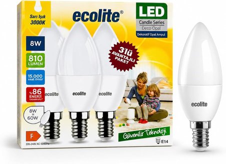 Ecolite 8 W LED Mum Ampul – E14 Duy, 810 Lümen, 3000K Sarı Işık, 60W Eşdeğer, 3’lü Paket, Opal Dekoratif Ampul, Dimmer Uyumlu Değil,%86 Enerji Tasarrufu, 99x37 mm (Sarı)