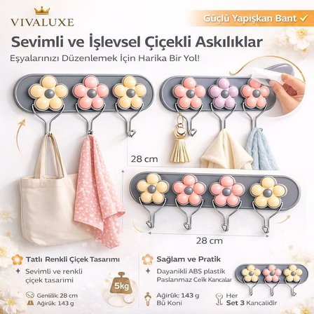 Çiçek Tasarımlı Duvar Askısı, 3’lü Metal Kanca Seti, Dekoratif Renkli Kapı ve Duvar Askısı, Mutfak, Banyo, Yatak Odası İçin Organizer Askı,
