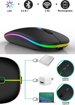 Sessiz Mouse Şarjlı Wireless + Bluetooth ve DPI Ayarlı RGB Aydınlatma Işıklı ve Işıksız Kullanımlı Kablosuz Mouse