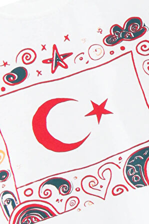 %100 Pamuklu Kısa Kollu Türk Bayrağı Baskılı Kız ve Erkek Unisex Çocuk Tshirt Beyaz