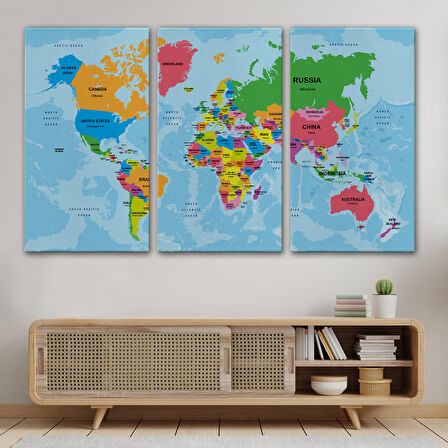 Harita Sepeti Dünya Haritası Ülke Başkentli Okyanuslu ve Dekoratif Kanvas Tablo 2201