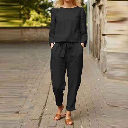 Barbora Keten Günlük Rahat Beli Kemerli Kadın İkili Takım Alt Üst LN01siyah16