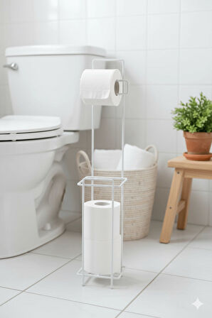 Beyaz Ayaklı Kare Tuvalet Kağıtlığı, Yedek Rulo Hazneli, Paslanmaya Dayanıklı WC Kağıtlık, 13cm x 65