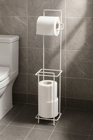 Beyaz Ayaklı Kare Tuvalet Kağıtlığı, Yedek Rulo Hazneli, Paslanmaya Dayanıklı WC Kağıtlık, 13cm x 65