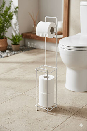 Beyaz Ayaklı Kare Tuvalet Kağıtlığı, Yedek Rulo Hazneli, Paslanmaya Dayanıklı WC Kağıtlık, 13cm x 65