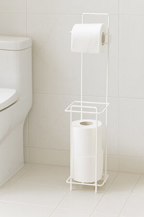 Beyaz Ayaklı Kare Tuvalet Kağıtlığı, Yedek Rulo Hazneli, Paslanmaya Dayanıklı WC Kağıtlık, 13cm x 65