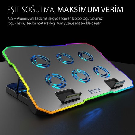 INC-618GMS 6 Fanlı RGB Laptop Soğutucu Stand 9-17” | 2400 RPM 10 LED Mod 5 Kademe Yükseklik Ayarlı