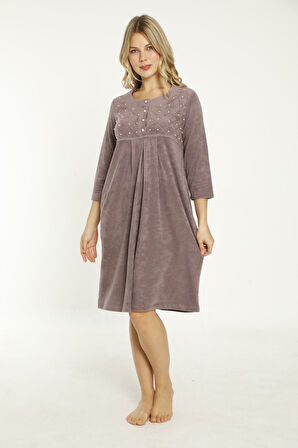 Somon Taş Detaylı Düğmeli Pamuklu Havlu Elbise