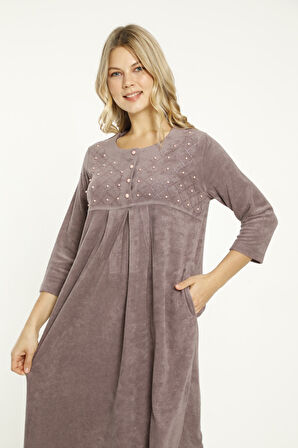 Somon Taş Detaylı Düğmeli Pamuklu Havlu Elbise