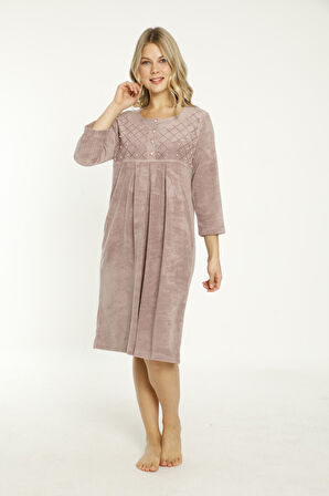 Açık Pembe Taş Detaylı Düğmeli Pamuklu Havlu Elbise