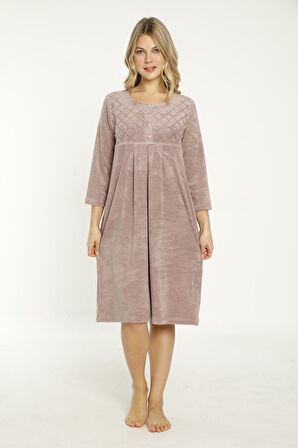 Açık Pembe Taş Detaylı Düğmeli Pamuklu Havlu Elbise