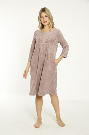 Açık Pembe Taş Detaylı Düğmeli Pamuklu Havlu Elbise