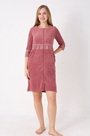 Kiremit Fermuarlı Dantelli Cepli Pamuklu Havlu Truvakar Kollu Elbise