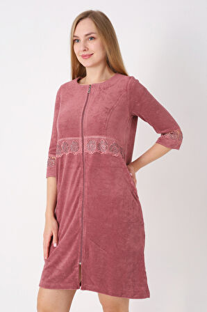 Kiremit Fermuarlı Dantelli Cepli Pamuklu Havlu Truvakar Kollu Elbise