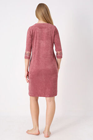 Kiremit Fermuarlı Dantelli Cepli Pamuklu Havlu Truvakar Kollu Elbise