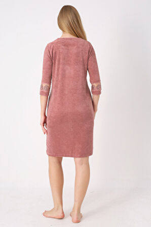 Kiremit Fermuarlı Dantelli Cepli Pamuklu Havlu Truvakar Kollu Elbise