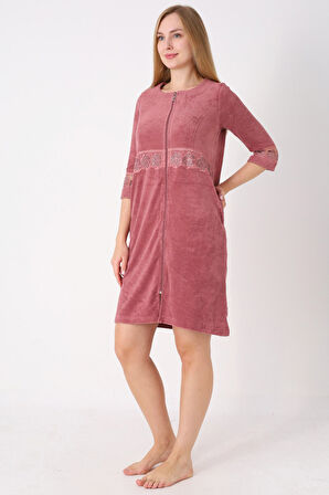 Kiremit Fermuarlı Dantelli Cepli Pamuklu Havlu Truvakar Kollu Elbise