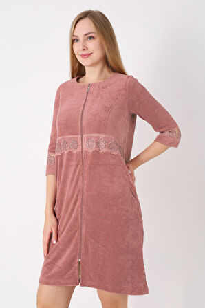 Kiremit Fermuarlı Dantelli Cepli Pamuklu Havlu Truvakar Kollu Elbise