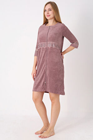 Kiremit Fermuarlı Dantelli Cepli Pamuklu Havlu Truvakar Kollu Elbise