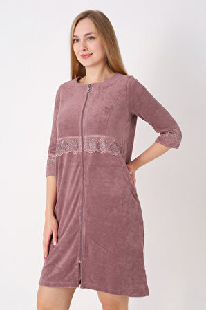 Kiremit Fermuarlı Dantelli Cepli Pamuklu Havlu Truvakar Kollu Elbise