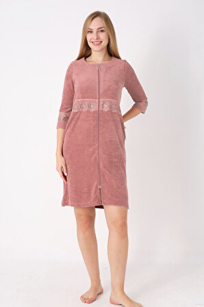 Kiremit Fermuarlı Dantelli Cepli Pamuklu Havlu Truvakar Kollu Elbise