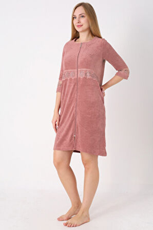 Kiremit Fermuarlı Dantelli Cepli Pamuklu Havlu Truvakar Kollu Elbise