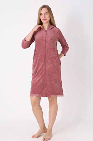 Kapüşonlu Fermuarlı Cepli Taşlı Truvakar Kollu Pamuklu Havlu Elbise