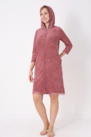 Kapüşonlu Fermuarlı Cepli Taşlı Truvakar Kollu Pamuklu Havlu Elbise